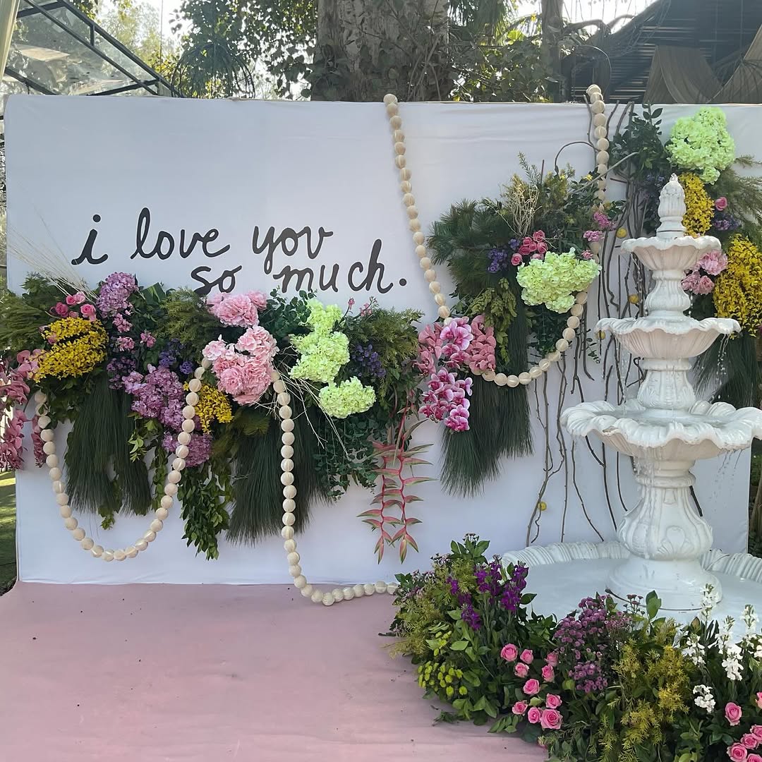 Garden Fountain Engagement Backdrop